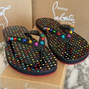 Christian Louboutin Loubi Flip Spikes Multicolor Sandals Red Bottom, 36